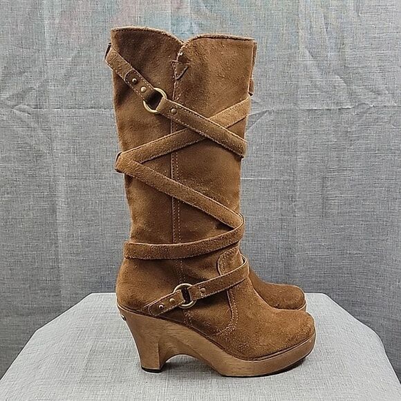 Michael Kors Tall Brown Suede Leather Strappy Wedge Heeled Slouch Boots SZ  6.5 - Picture 6 of 13